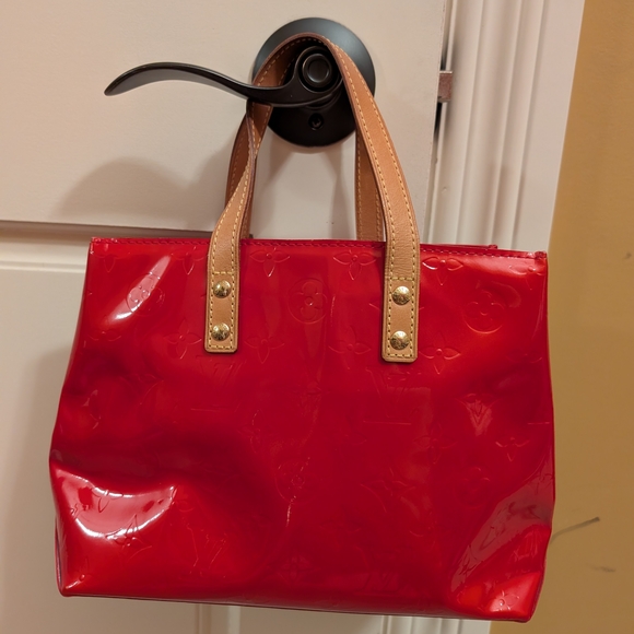 Louis Vuitton Red Vernis Monogram Bag W/Vachetta Handles In EUC - Picture 2 of 16